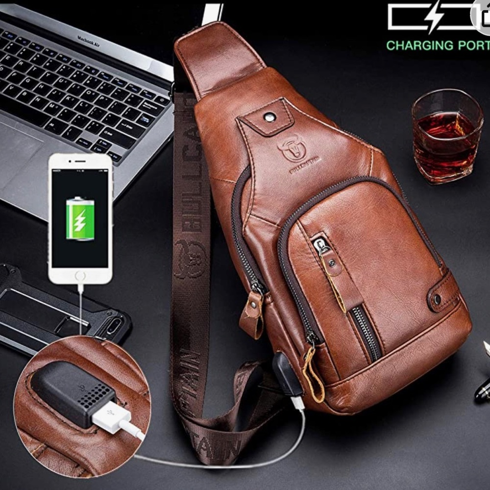 BULLCAPTAIN Genuine Leather Sling Backpack w/ USB Multi-pocket Chest Travel Bag